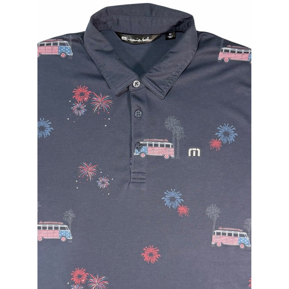 Travis Mathews Mens Golf Polo Shirt Fireworks Patriotic USA VW Surf Van Blue M